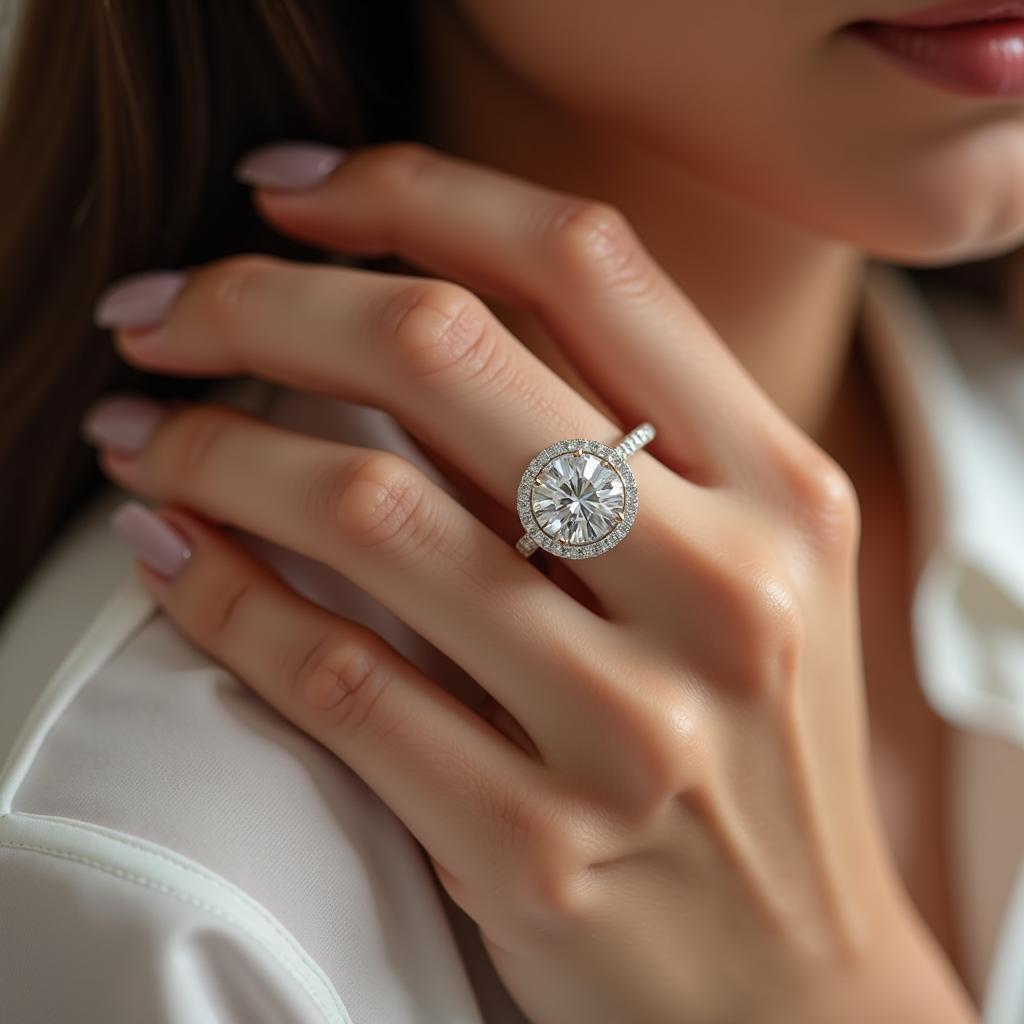 Woman's Hand with a Halo Diamond Ring