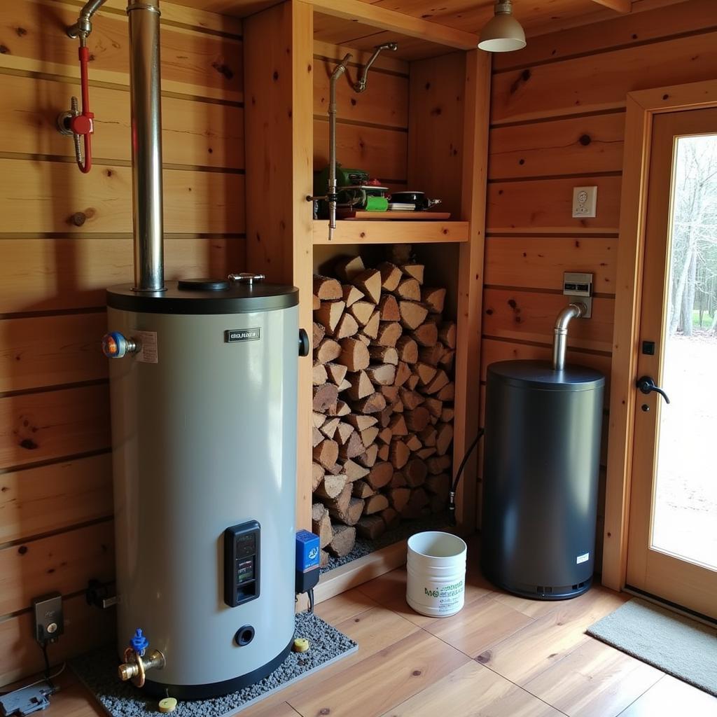 Wood Burning Water Heater Setup in a Rustic Cabin