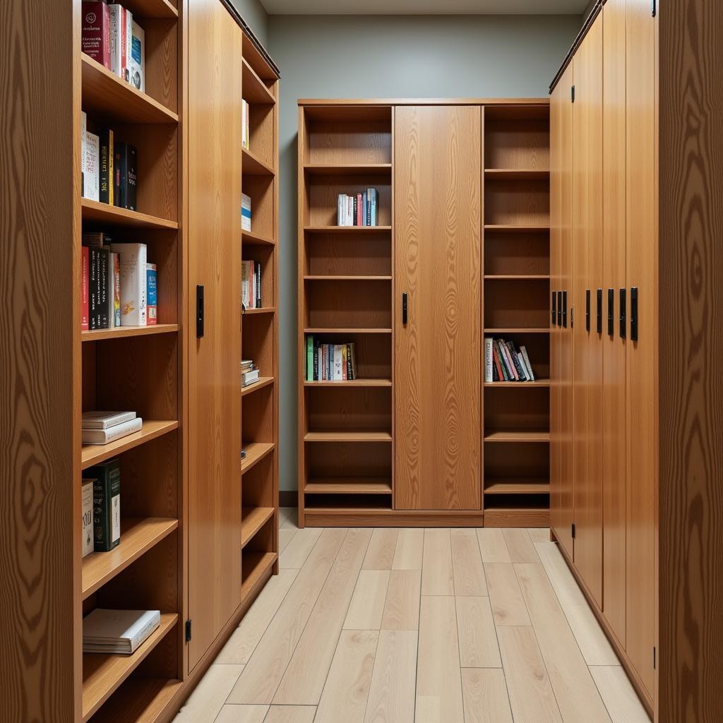 Wooden bookshelf lockers blend seamlessly into a library setting