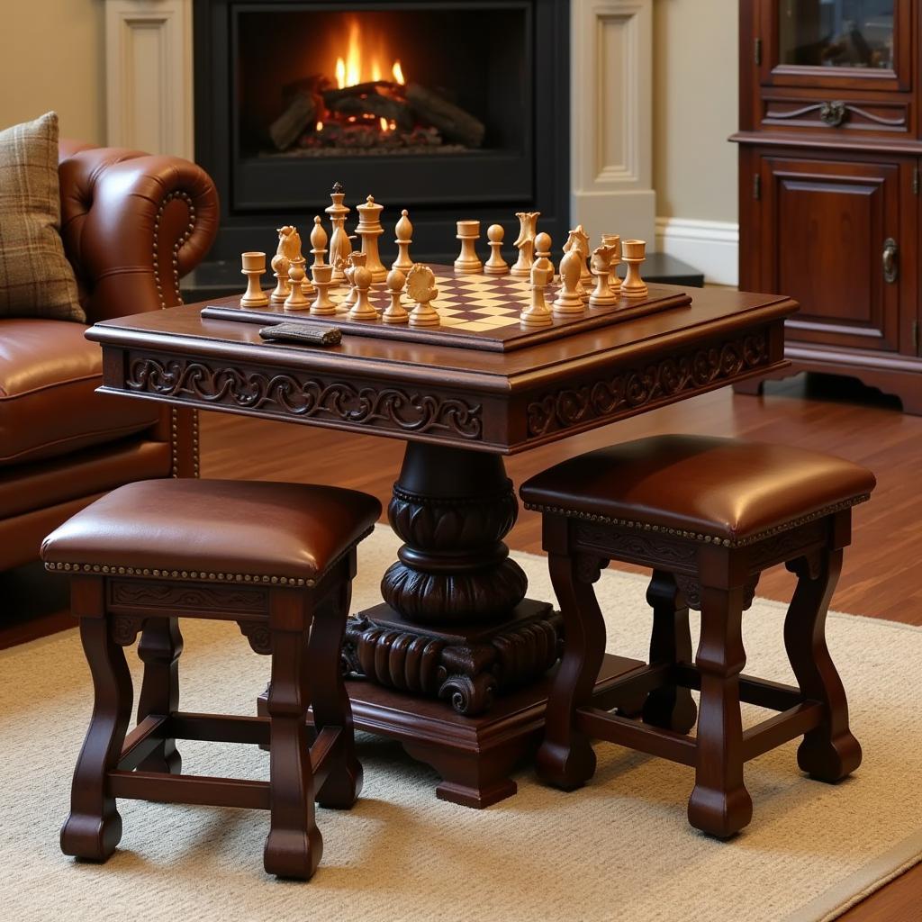 Classic Wooden Chess Table with Matching Stools