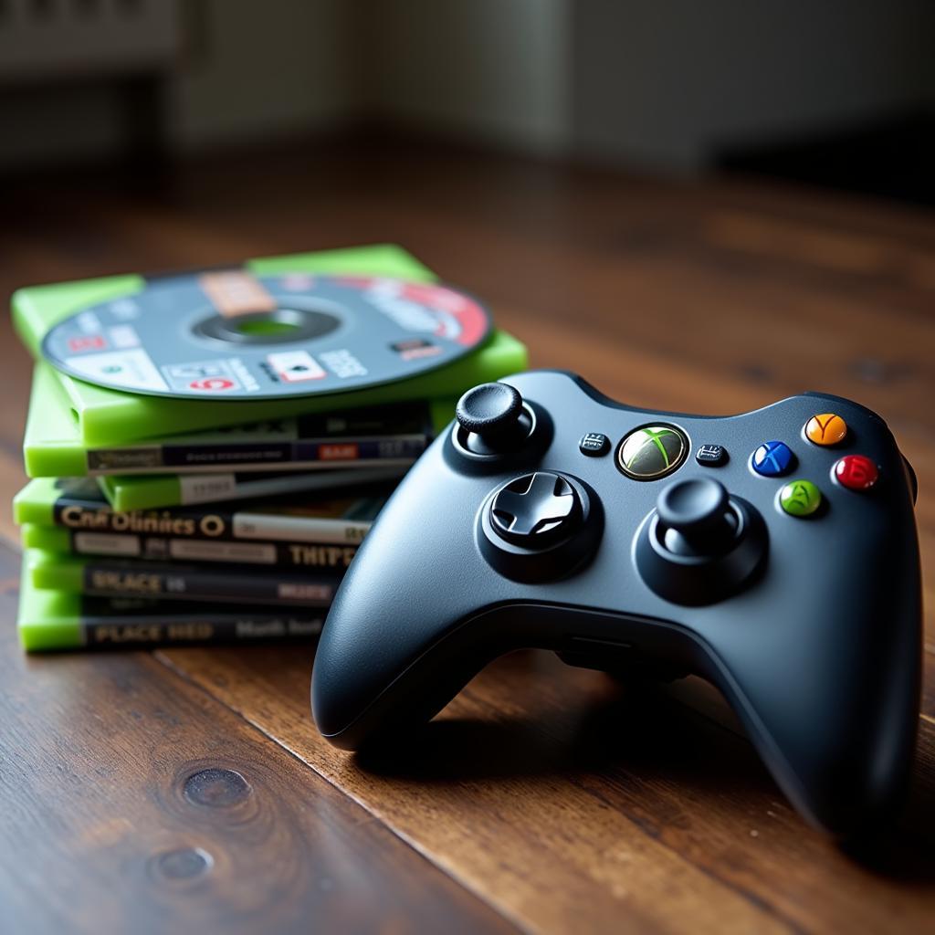 Xbox 360 controller and game discs