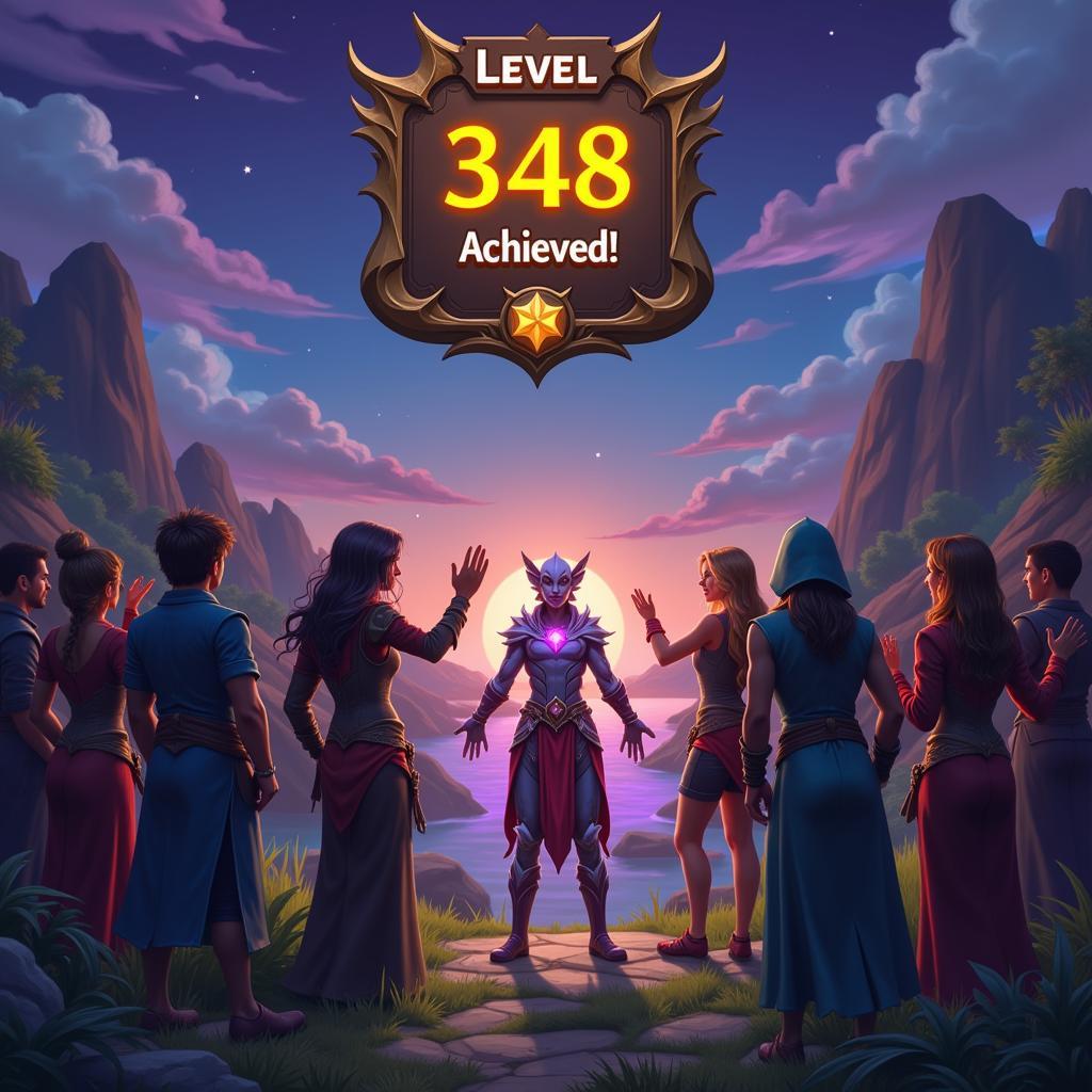 Players celebrating reaching level 348 in a fantasy game