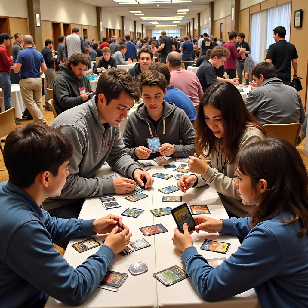 23/24 Series 1 Community Event - A photo of a community gathering for the 23/24 series release, featuring attendees trading cards, participating in tournaments, and interacting with each other.