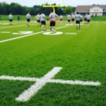 4 Point Turf Football Field: A wide shot of a football field with vibrant green 4-point turf, marked with white lines. Players are practicing in the background.