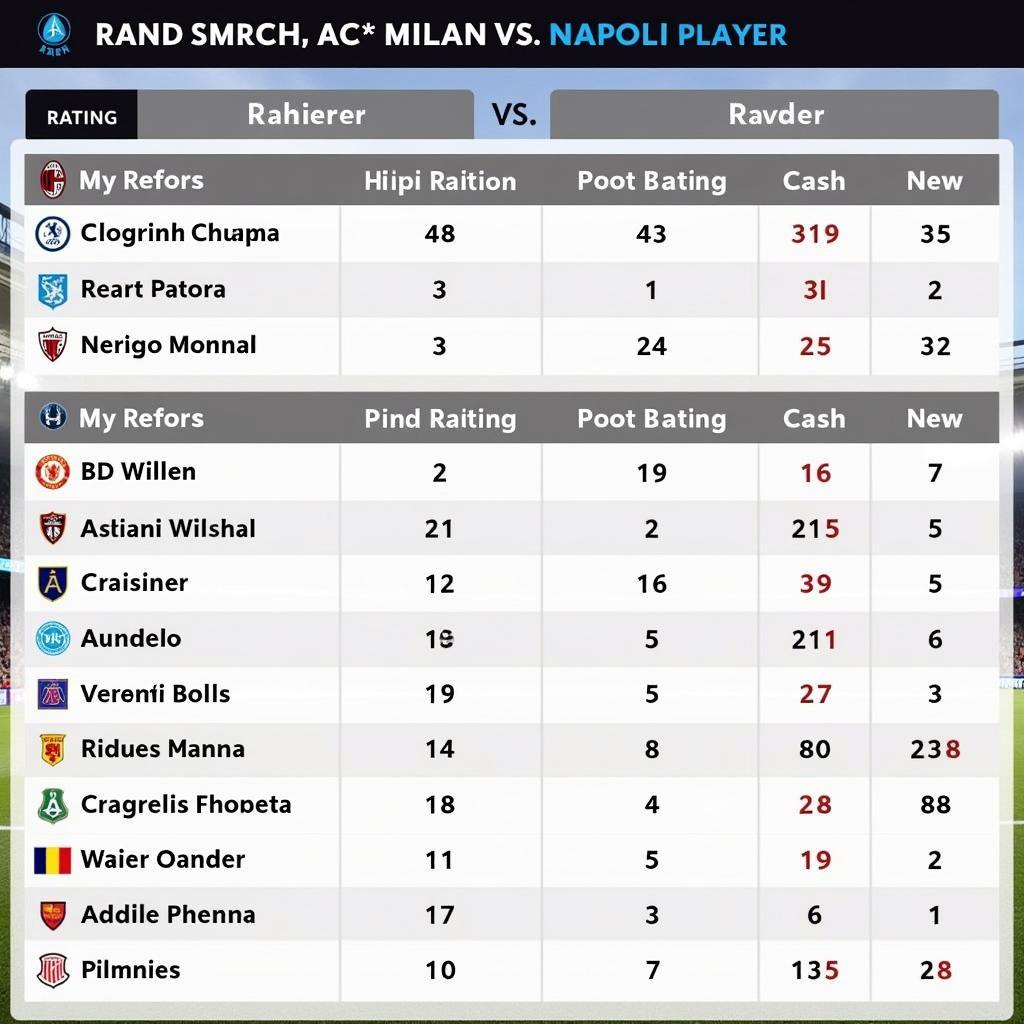 AC Milan vs Napoli Player Ratings Comparison Table