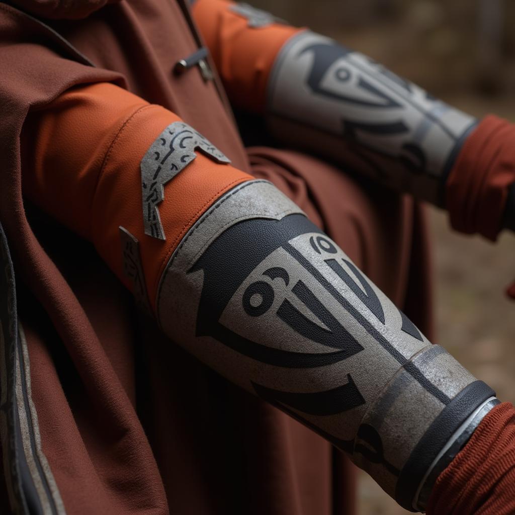 Close-up details of Ahsoka Tano's Mandalorian Costume: Focusing on the intricate patterns of her montrals, lekku, and arm wraps.