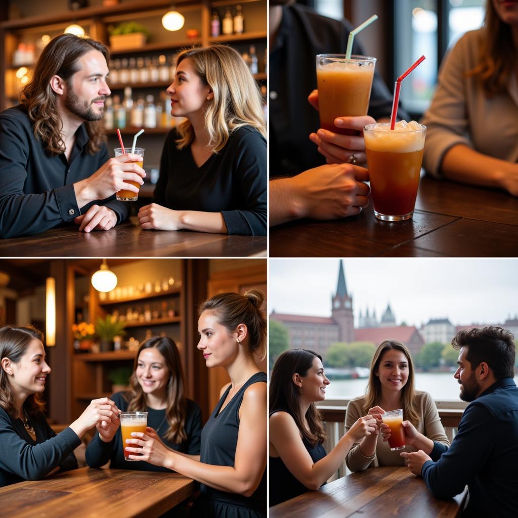 People enjoying alcohol bubble tea in different settings