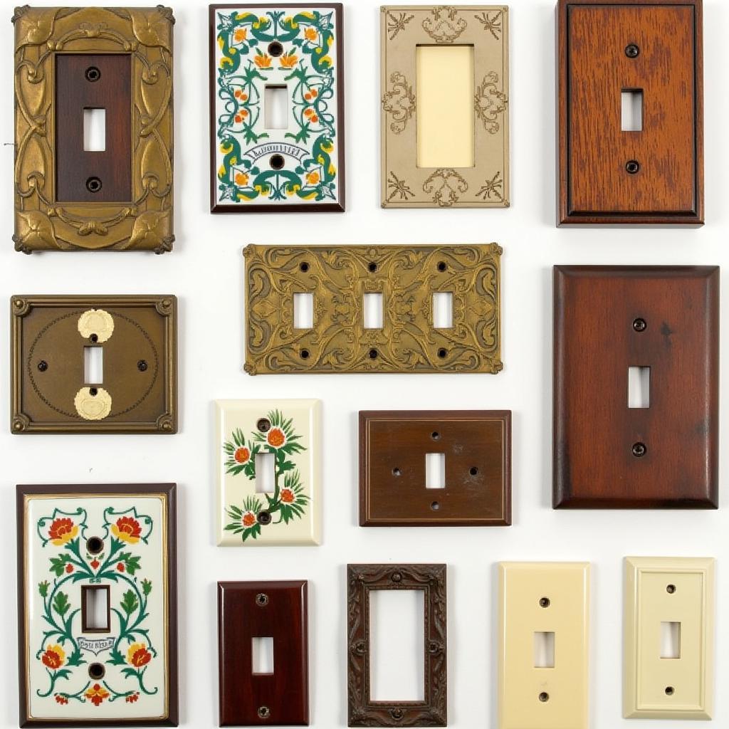 Collection of various antique light switch covers showcasing different materials, styles, and designs.