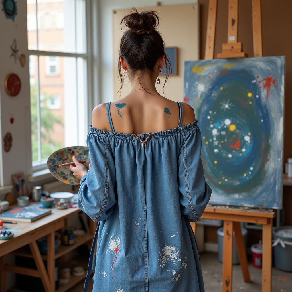 Artist wearing a practical dress while painting in her studio