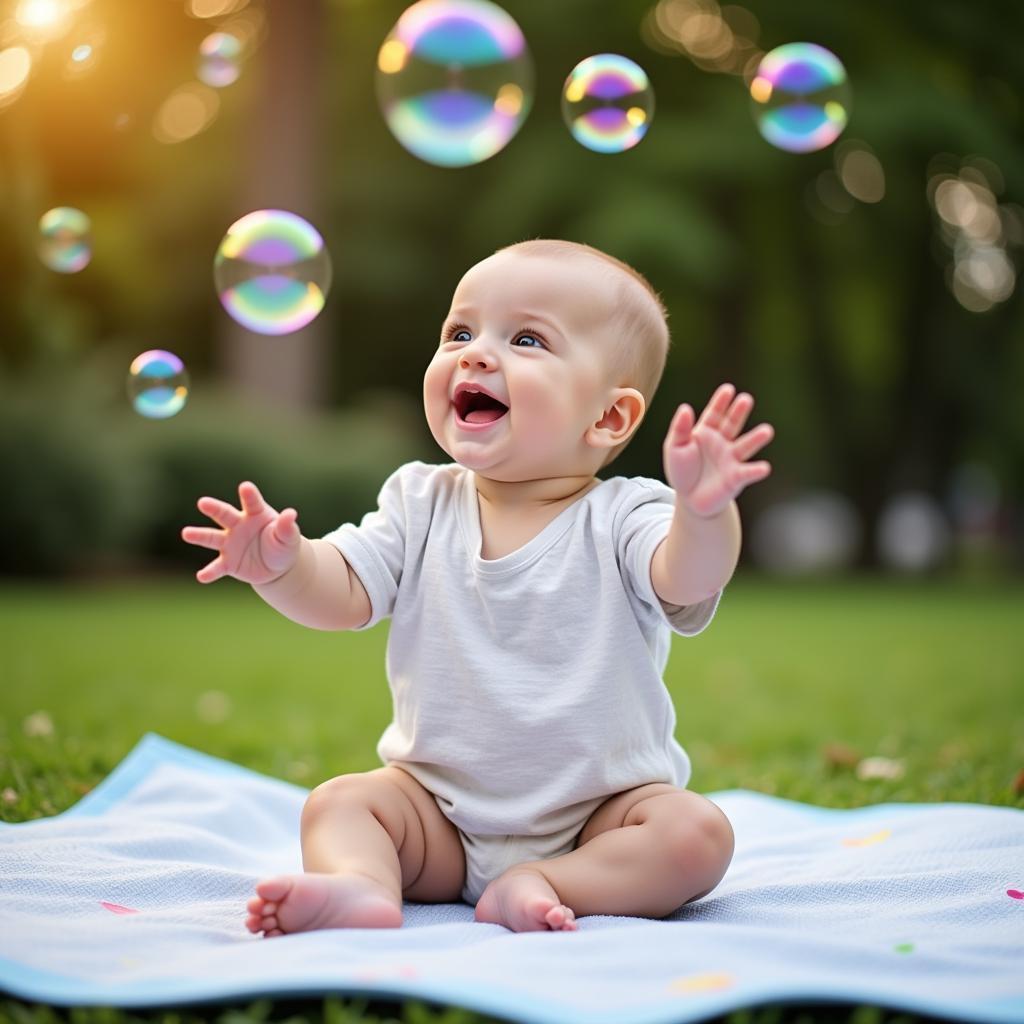 Baby giggling while reaching for bubbles