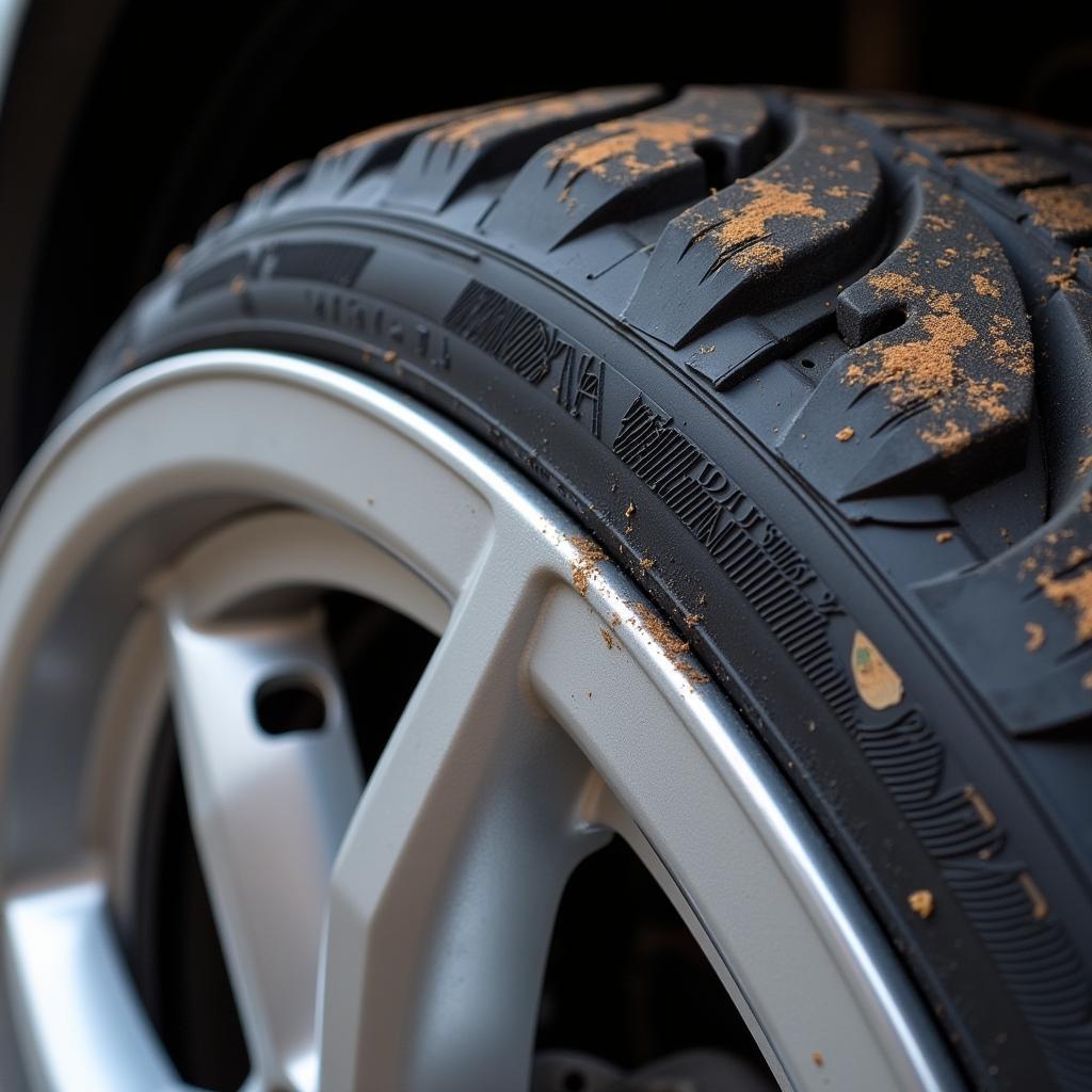 Close-up view of worn back tires showing tread depth and sidewall condition