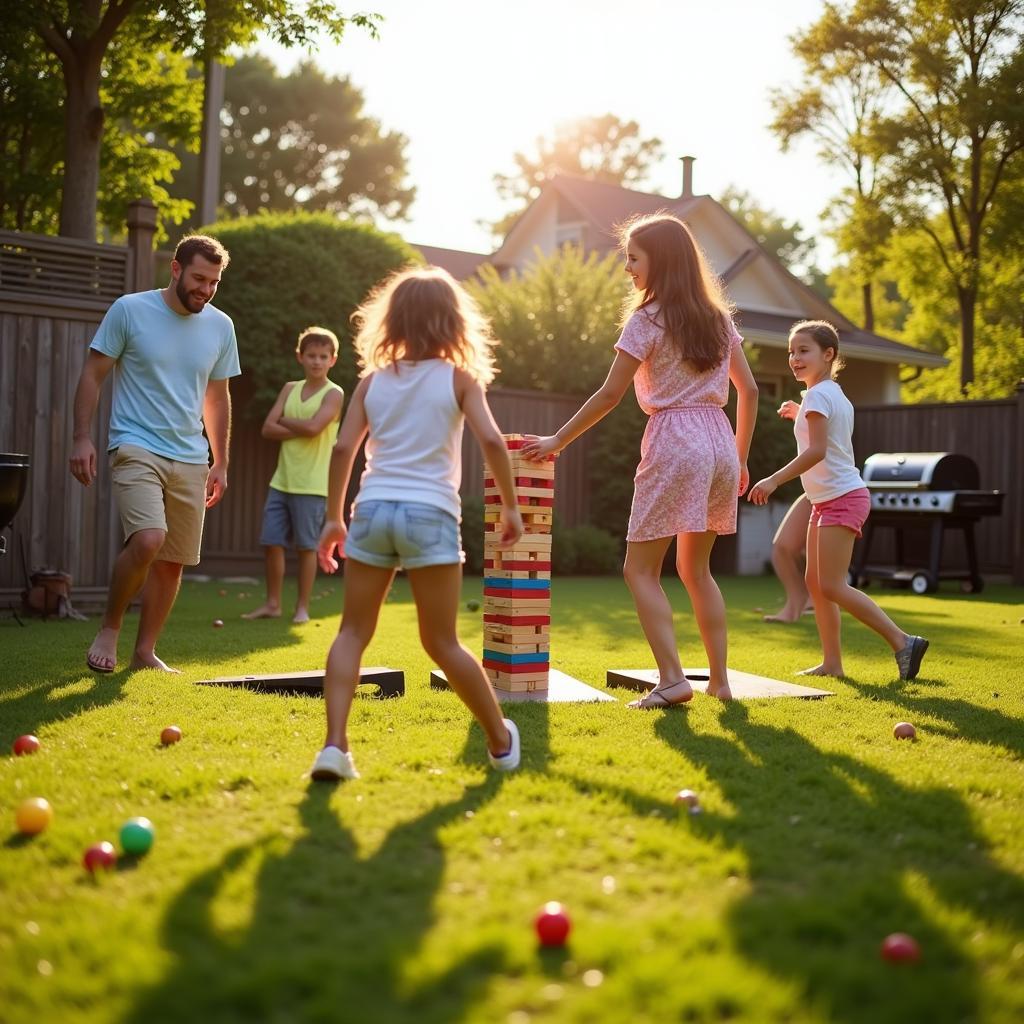 Family playing backyard barbecue games like cornhole and giant Jenga.