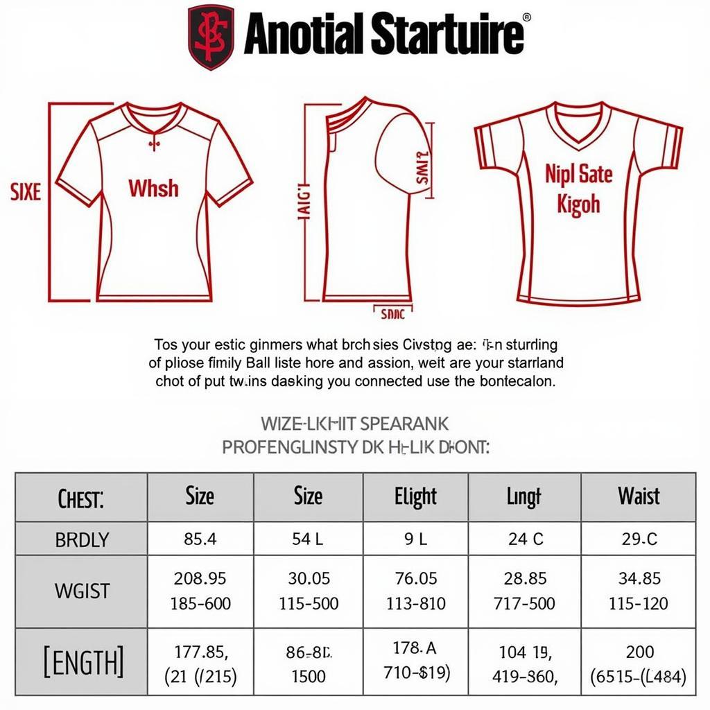 Ball State football jersey sizing chart, providing measurements for different sizes.