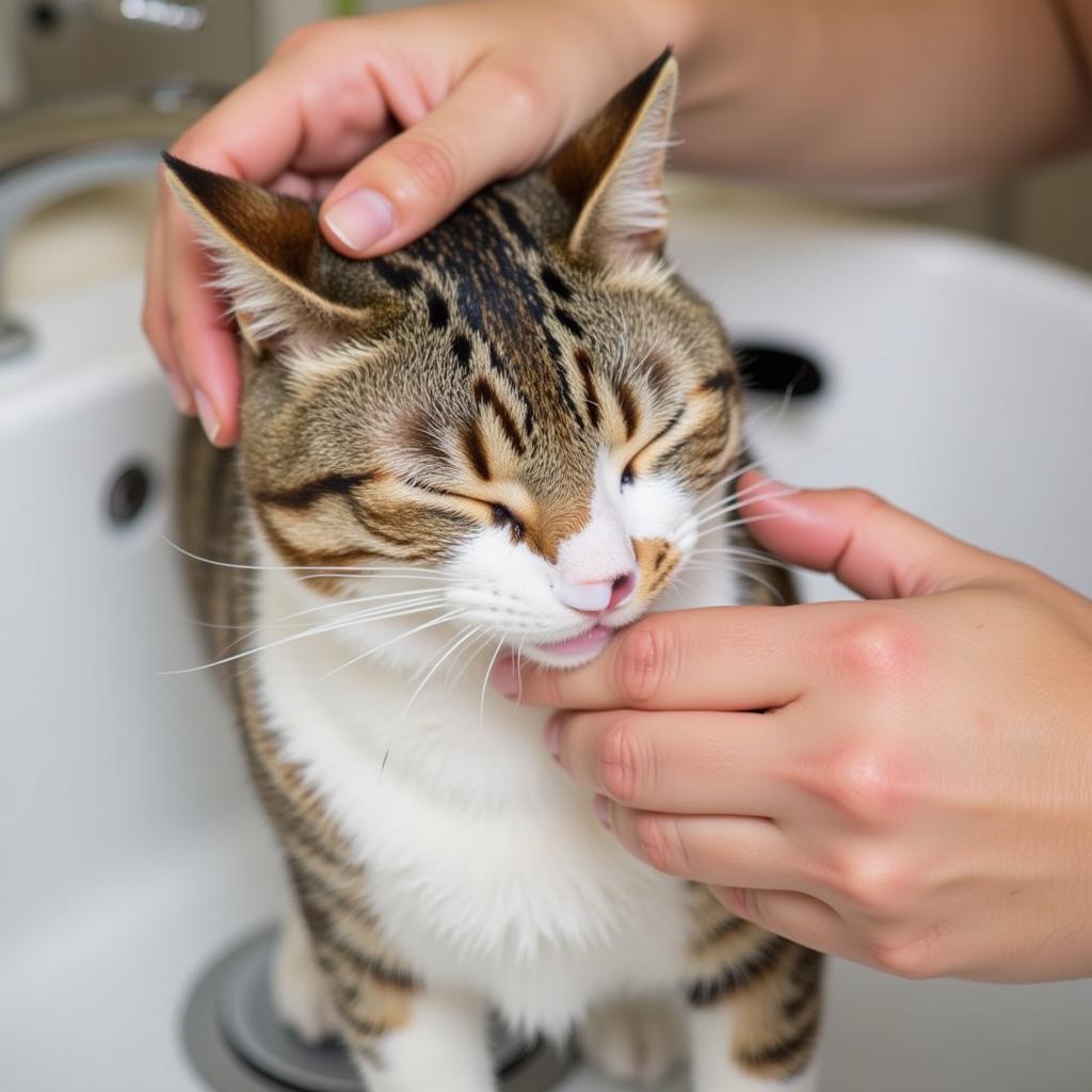 Cat being bathed with special cat shampoo.