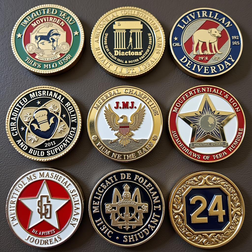 Examples of finished custom challenge coins created from blank coins, showcasing different designs and purposes.