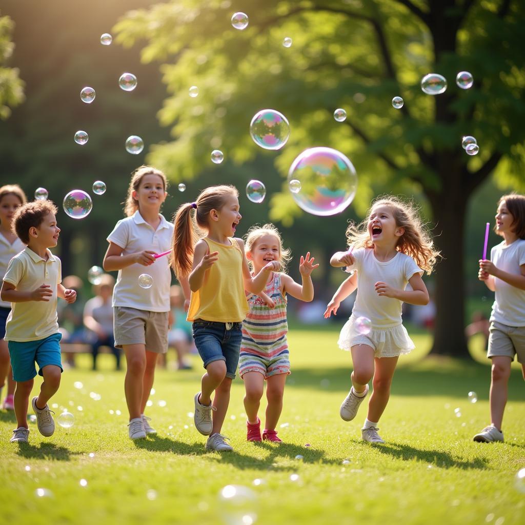 Kids playing bubble games outdoors