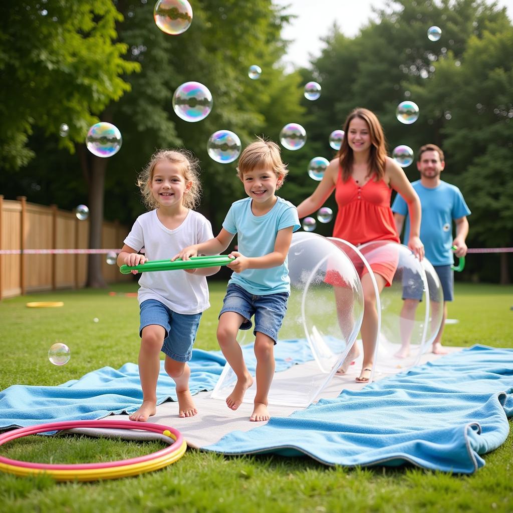 Family navigating a bubble obstacle course