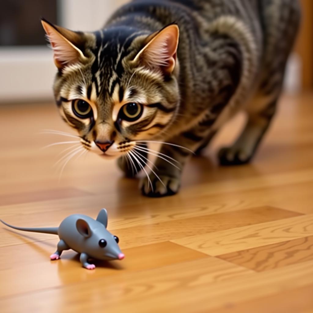 Cat Playing Fetch with a Toy Mouse