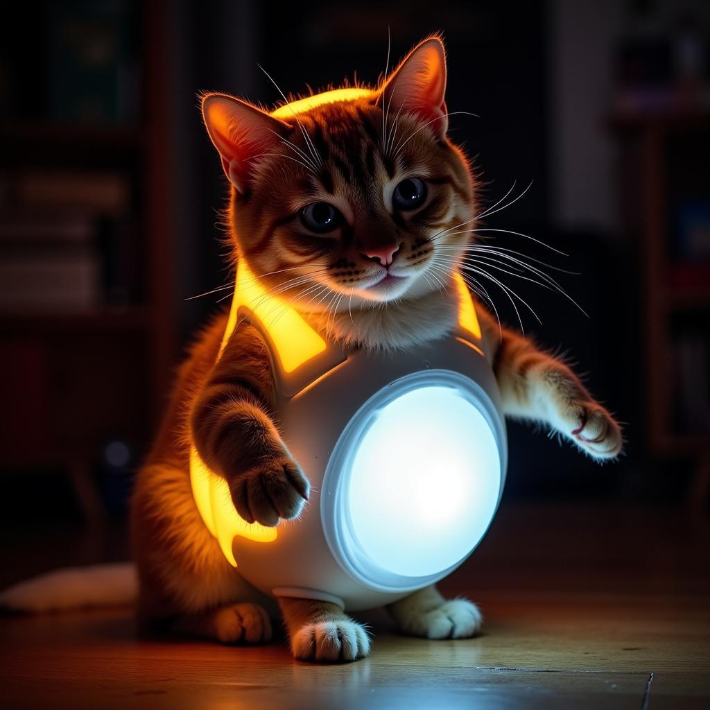 Cat Wearing Light Up Costume: A happy cat in a glowing costume.