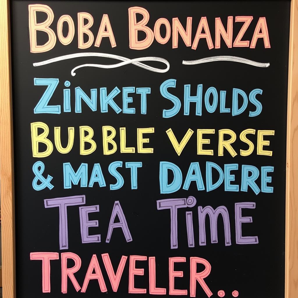 Examples of catchy boba shop names written on a chalkboard.