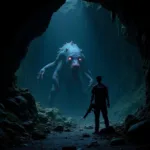 Challenges in uncharted gaming worlds: A player character faces a massive, otherworldly creature in a dark, cavernous environment. The creature is bioluminescent, casting an eerie glow on the surrounding walls. The player character holds a weapon, ready for combat.