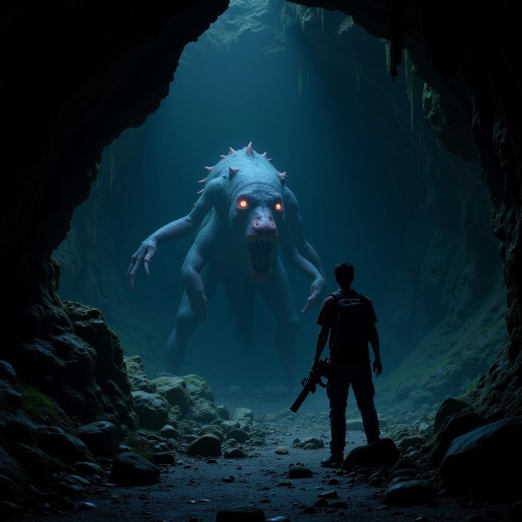 Challenges in uncharted gaming worlds: A player character faces a massive, otherworldly creature in a dark, cavernous environment. The creature is bioluminescent, casting an eerie glow on the surrounding walls. The player character holds a weapon, ready for combat.