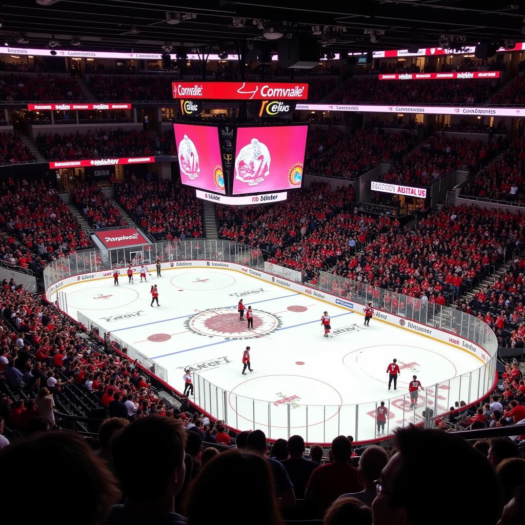 Fans cheering enthusiastically at a hockey game