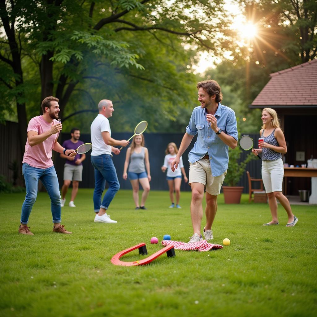 People playing classic lawn games like horseshoes and badminton at a barbecue.