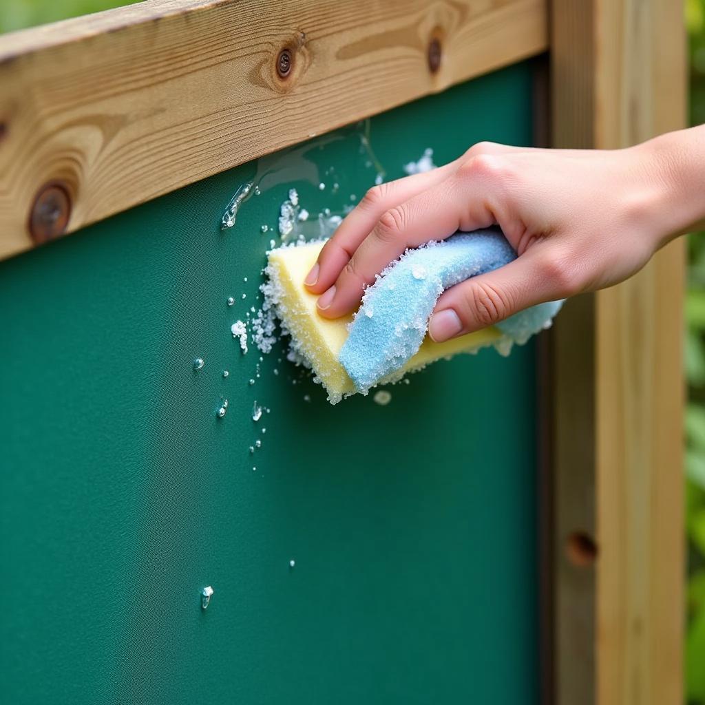 Cleaning a fence shade screen with soap and water