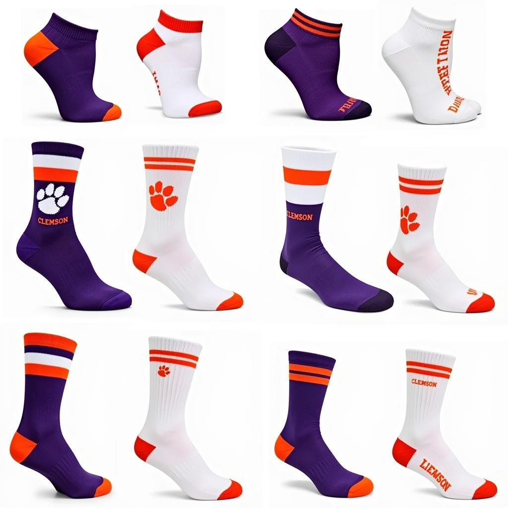 A variety of Clemson socks showcasing different designs and styles.