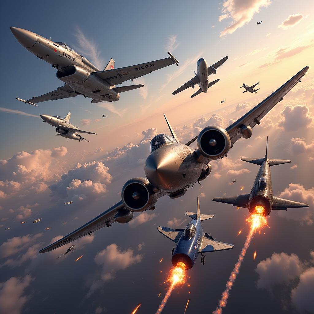 Intense aerial combat scene from Cloud Wars Game, showcasing fighter planes engaged in a dogfight.