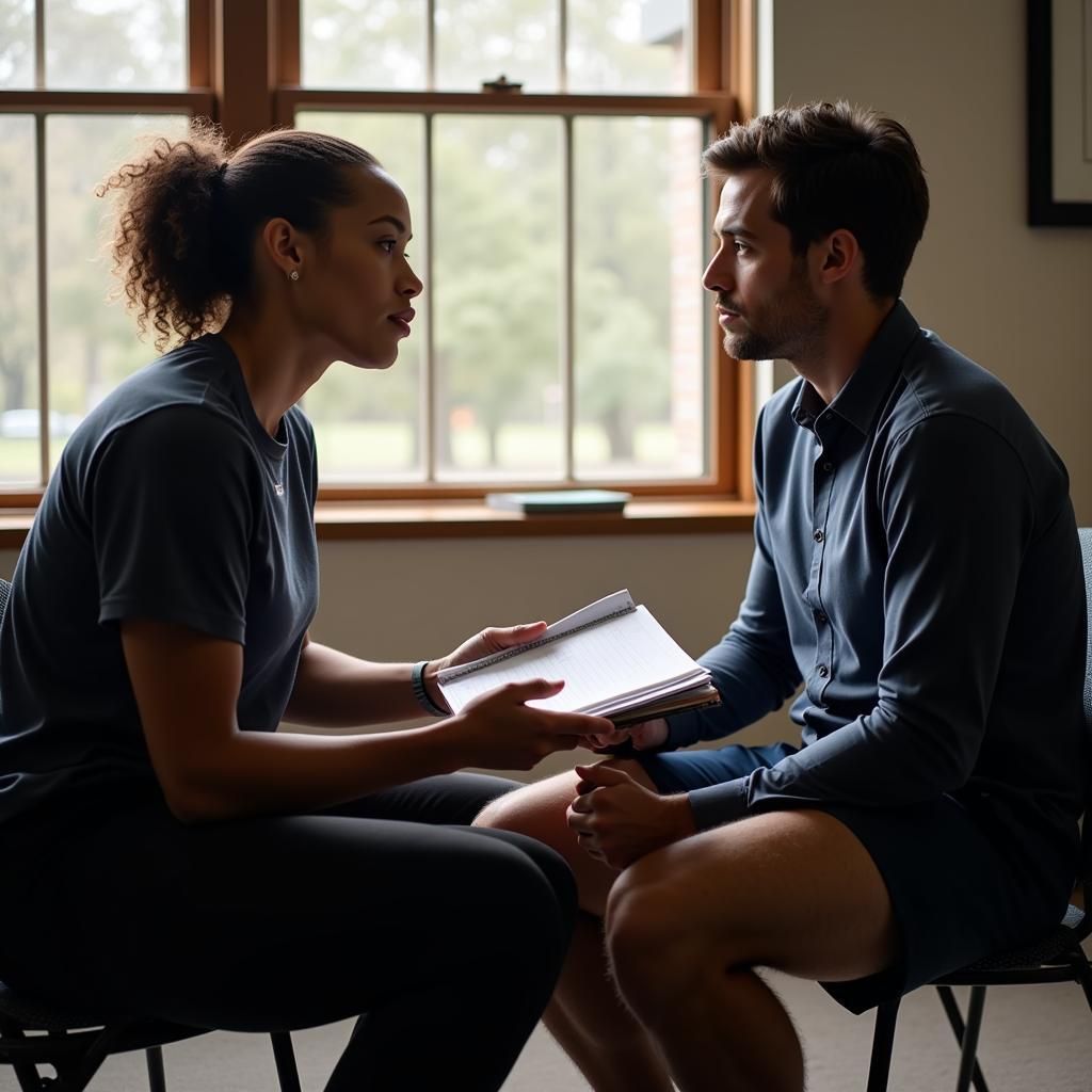 Coach and athlete meeting to discuss performance