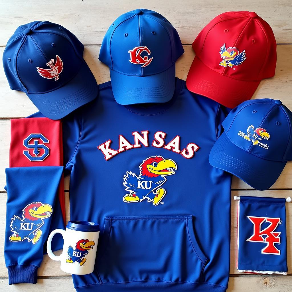 Collection of Kansas Jayhawk Gear - Hats, Shirts, Flags