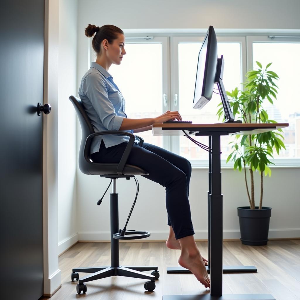 Person working at a standing desk without shoes