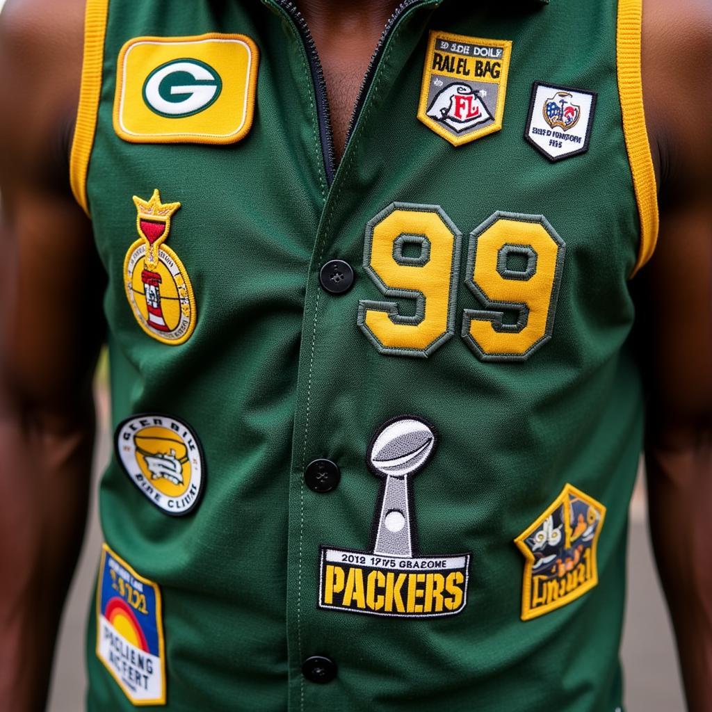 Green Bay overalls customized with patches and team logos.