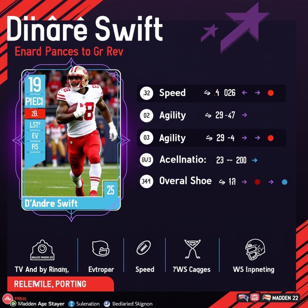 D'Andre Swift's key attributes in Madden 23, including speed, agility, acceleration, and catching.