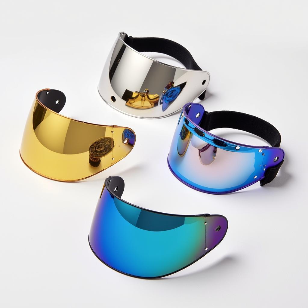 Various mirrored hockey visors showcasing different colors and coatings