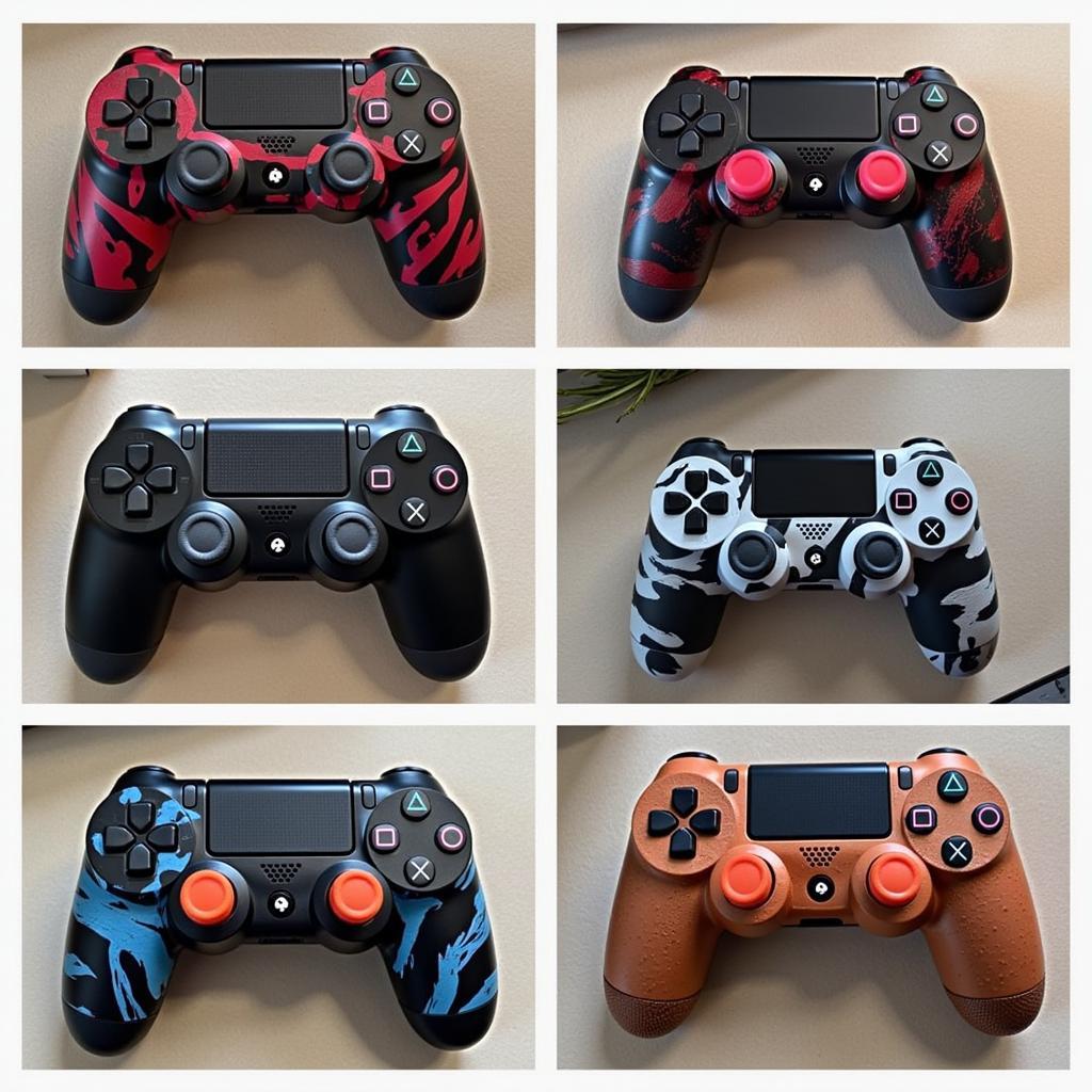 Variety of modded PS4 controllers showcasing different modifications like paddles, custom paint jobs, and different button layouts.