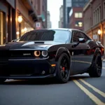 Dodge Challenger with black and chrome custom rims, showcasing an aggressive and sporty look.