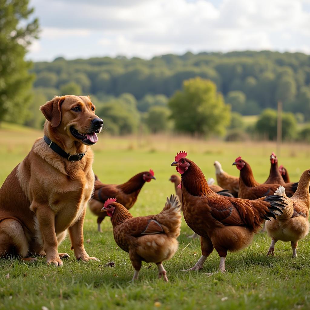 Dog guarding free-ranging chickens