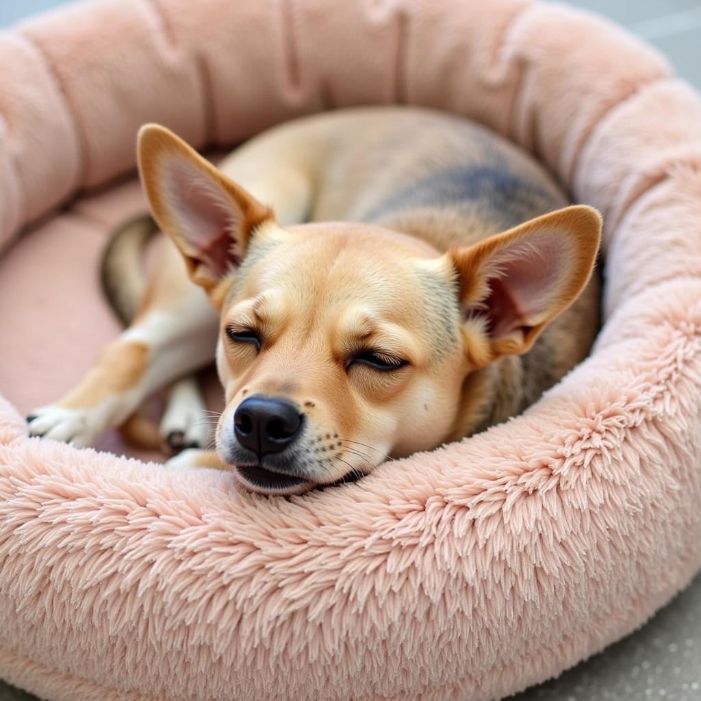 A dog peacefully sleeping in a comfortable dog bed.