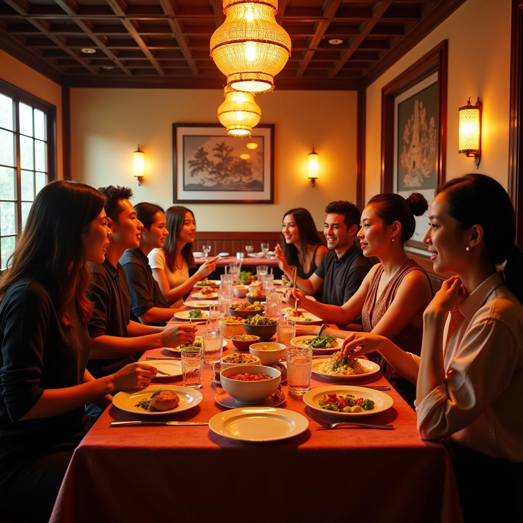 A group of people enjoying an Eight Immortals menu in a beautifully decorated restaurant.