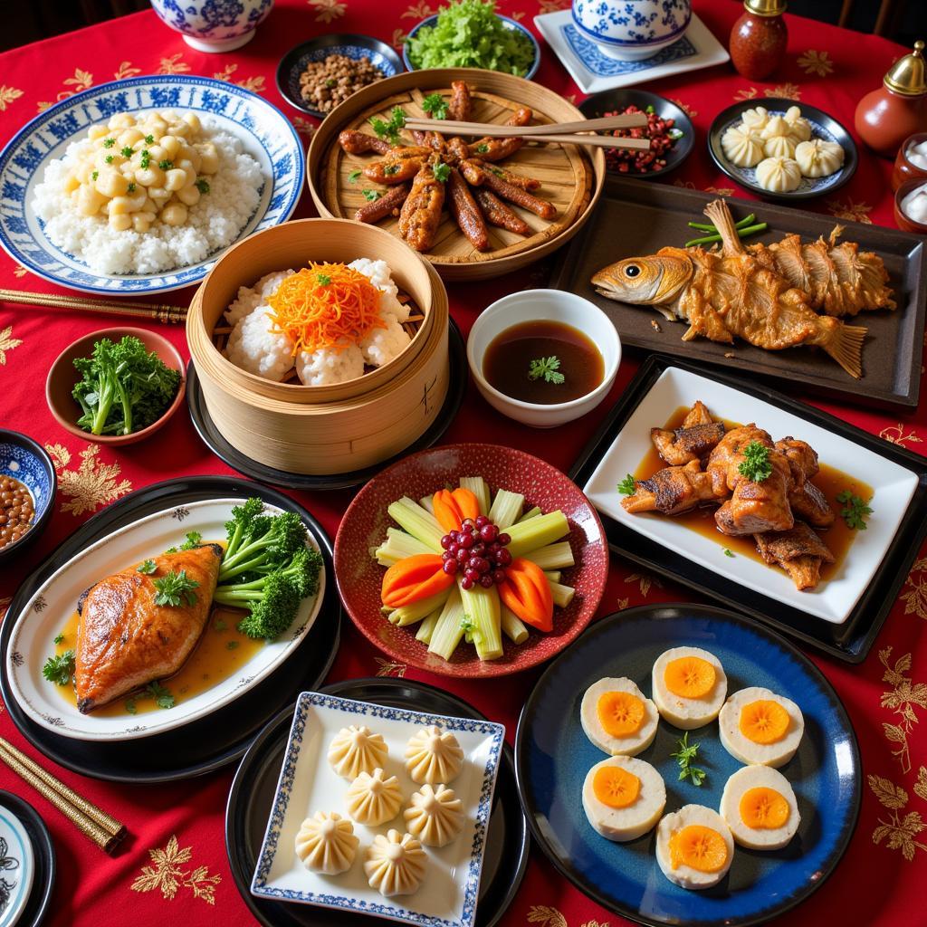 A table laden with various dishes representing a traditional Eight Immortals menu.