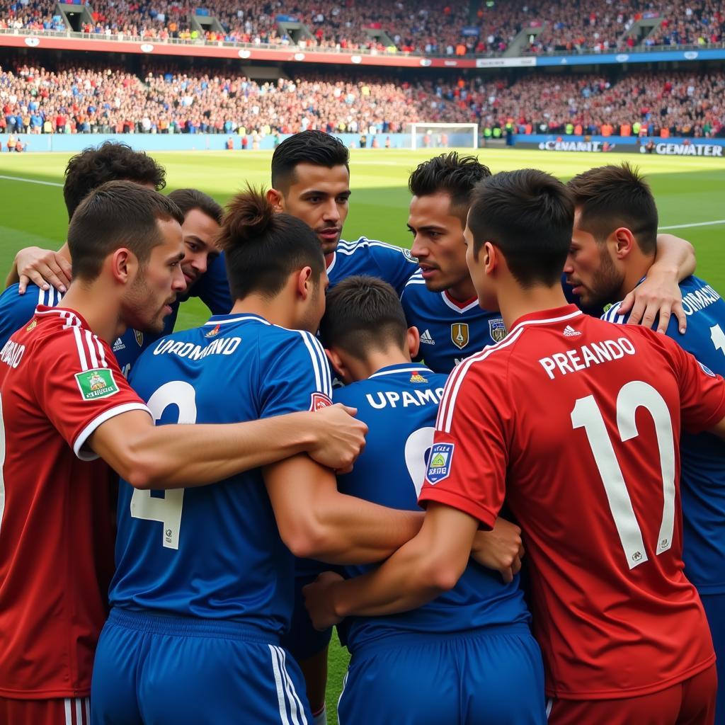 A football team of eleven players huddled before a game