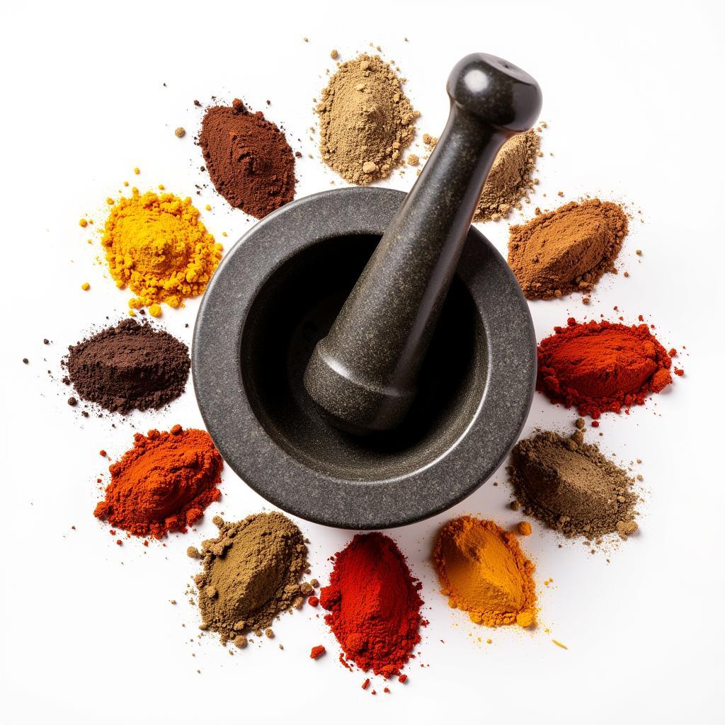 Eleven different spices arranged around a mortar and pestle