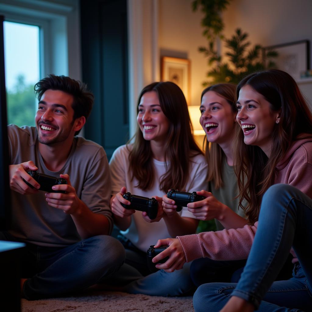 Friends enjoying playing video games together