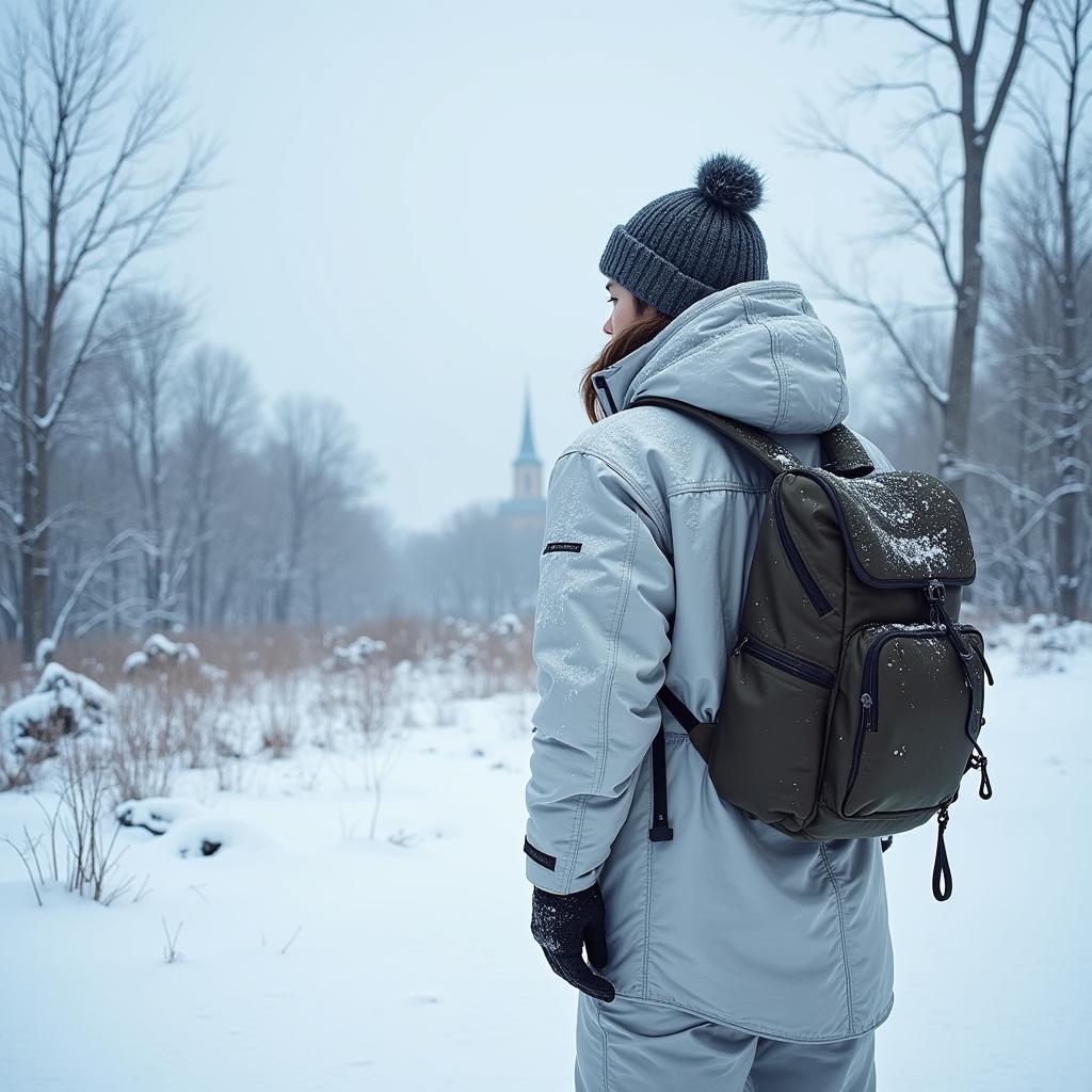 Person bundled in winter clothes looking out at a snowy landscape, depicting Finnish resilience