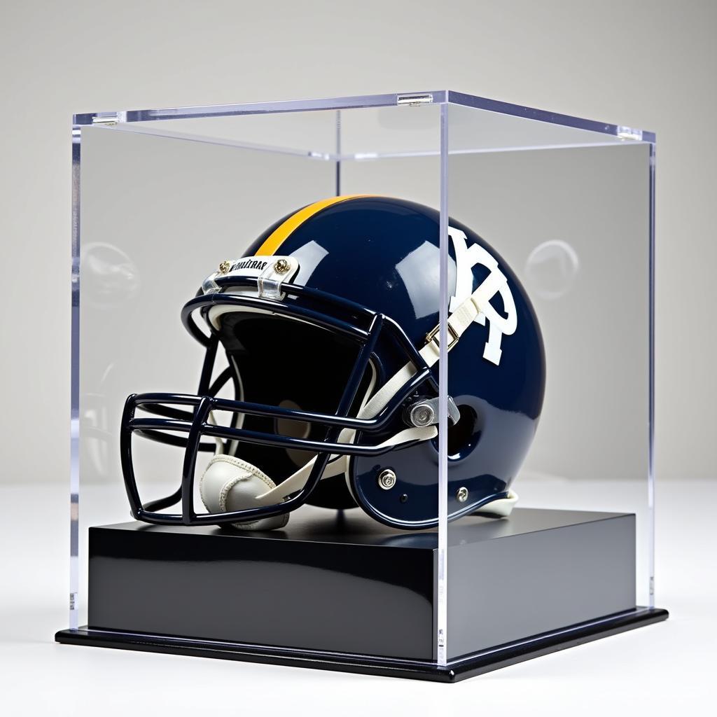 Close-up of a football helmet displayed in a clear acrylic case, showcasing its intricate details and preserving it from dust and damage.