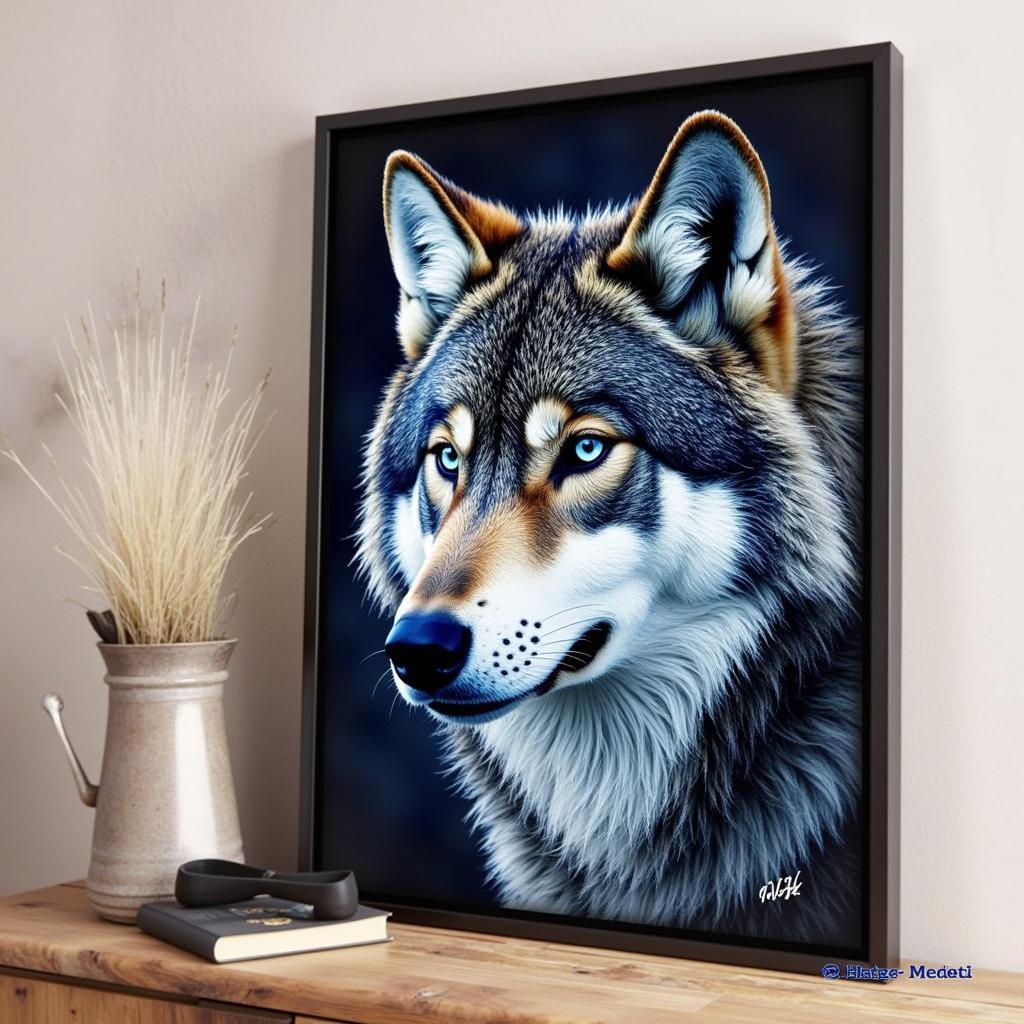 Beautifully Framed Wolf Diamond Art Displayed on a Wall