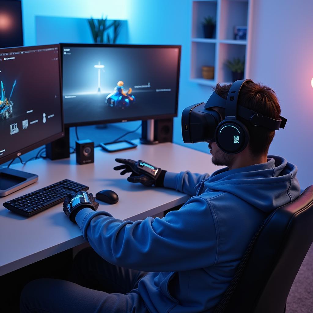 Futuristic Gaming Setup with Virtual Reality Headset